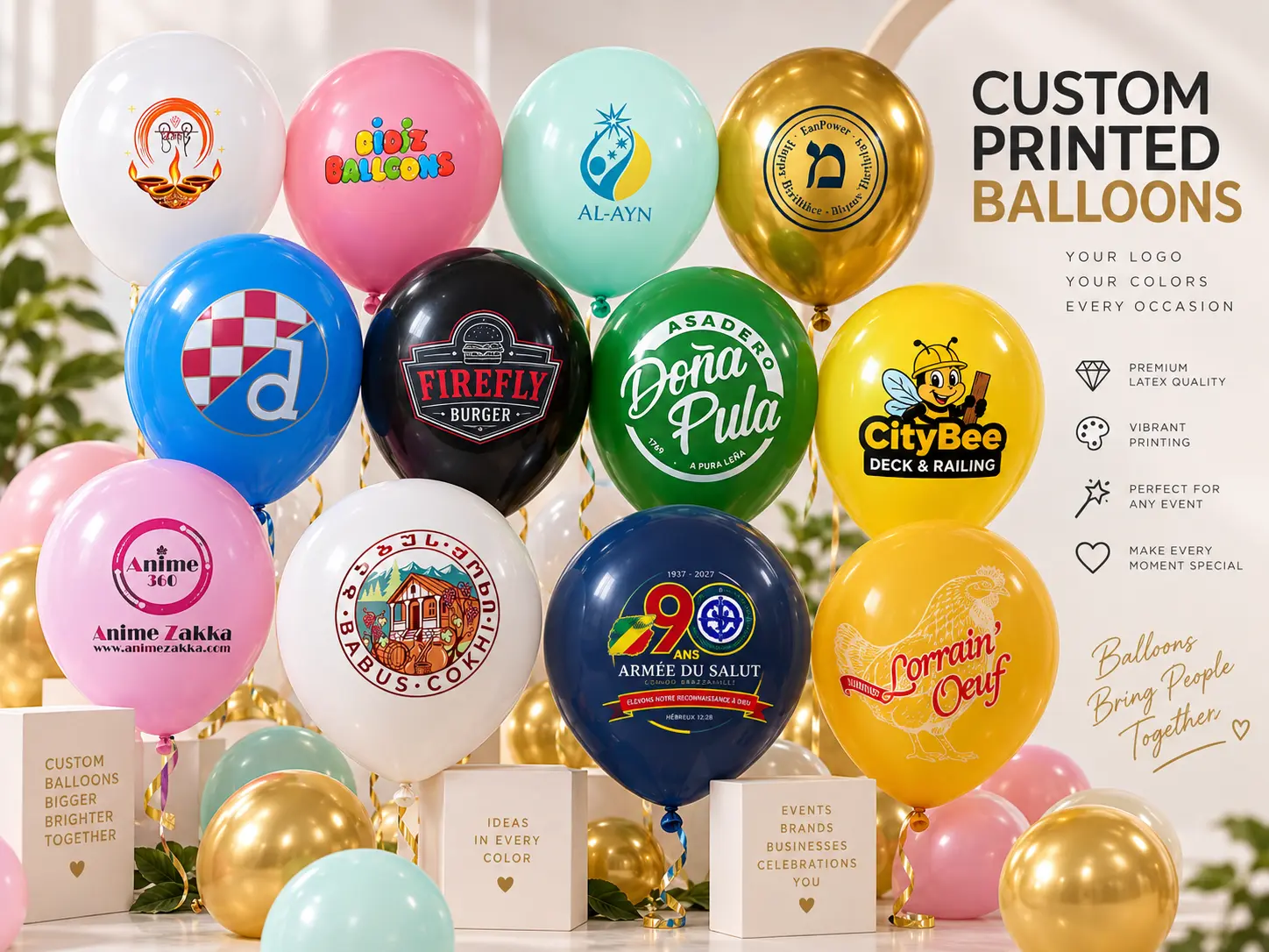 Custom printed latex balloons manufactured by Borun Balloon Factory for B2B wholesale and private-label orders